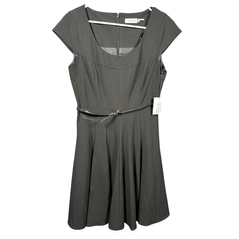 Calvin Klein Women's Black A-Line Cap Sleeve Belted‎ Dress size 10